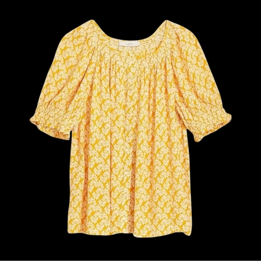Loft Floral Smocked Puff‎ Sleeve Crinkle Knit Mustard Yellow Blouse Small #233